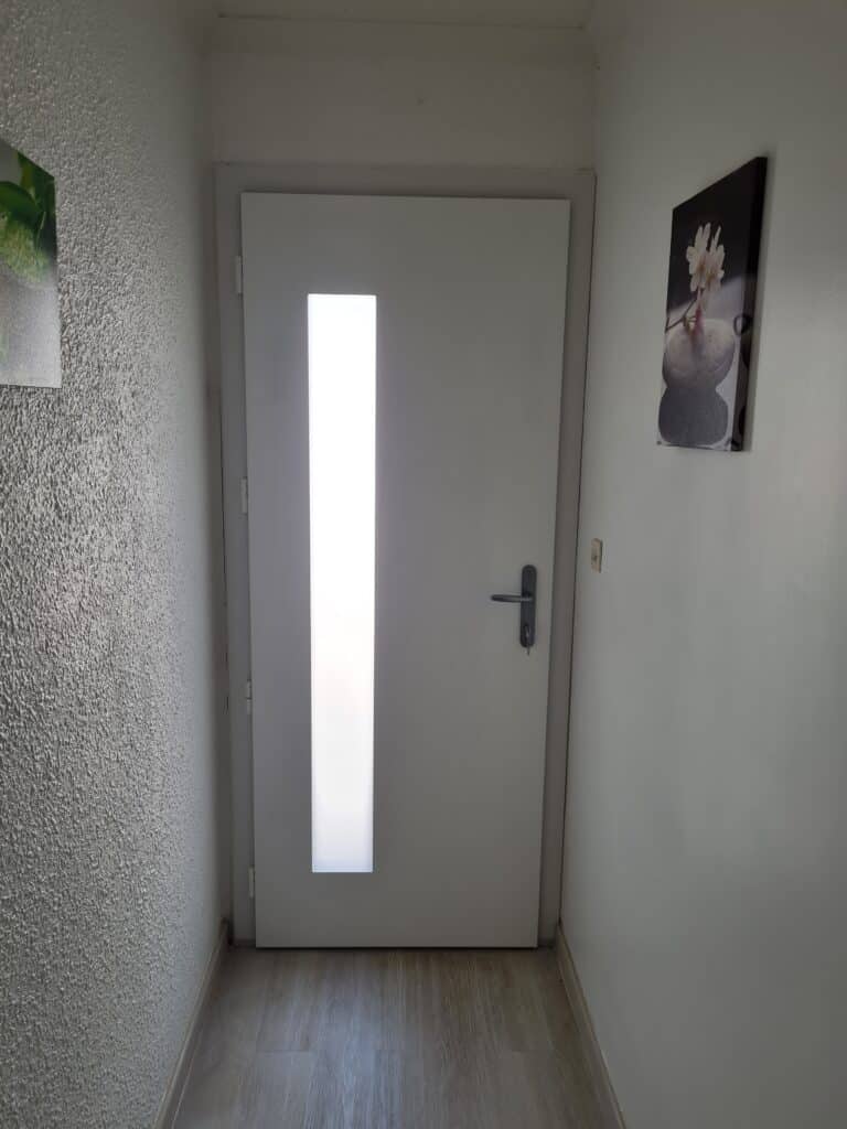 Hall d'entrée moderne avec porte blanche minimaliste dotée d'une longue vitre dépolie et poignée foncée, mur texturé et tableau zen.