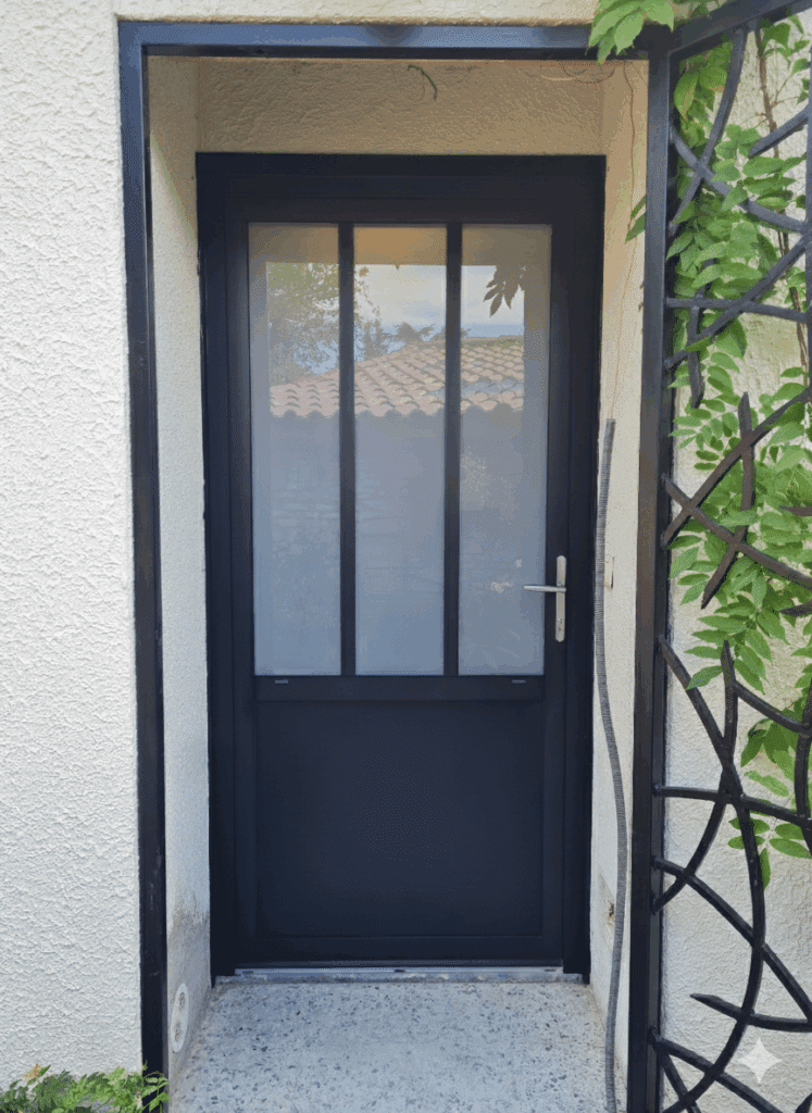 Porte d'entrée moderne noire à vitrage translucide, encadrée de blanc texturé, avec une grille métallique végétale à droite.